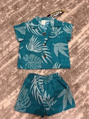 Authentic Hawaiian Kids Teal Tropical Two-Piece Set - Short Sleeve Top & Shorts